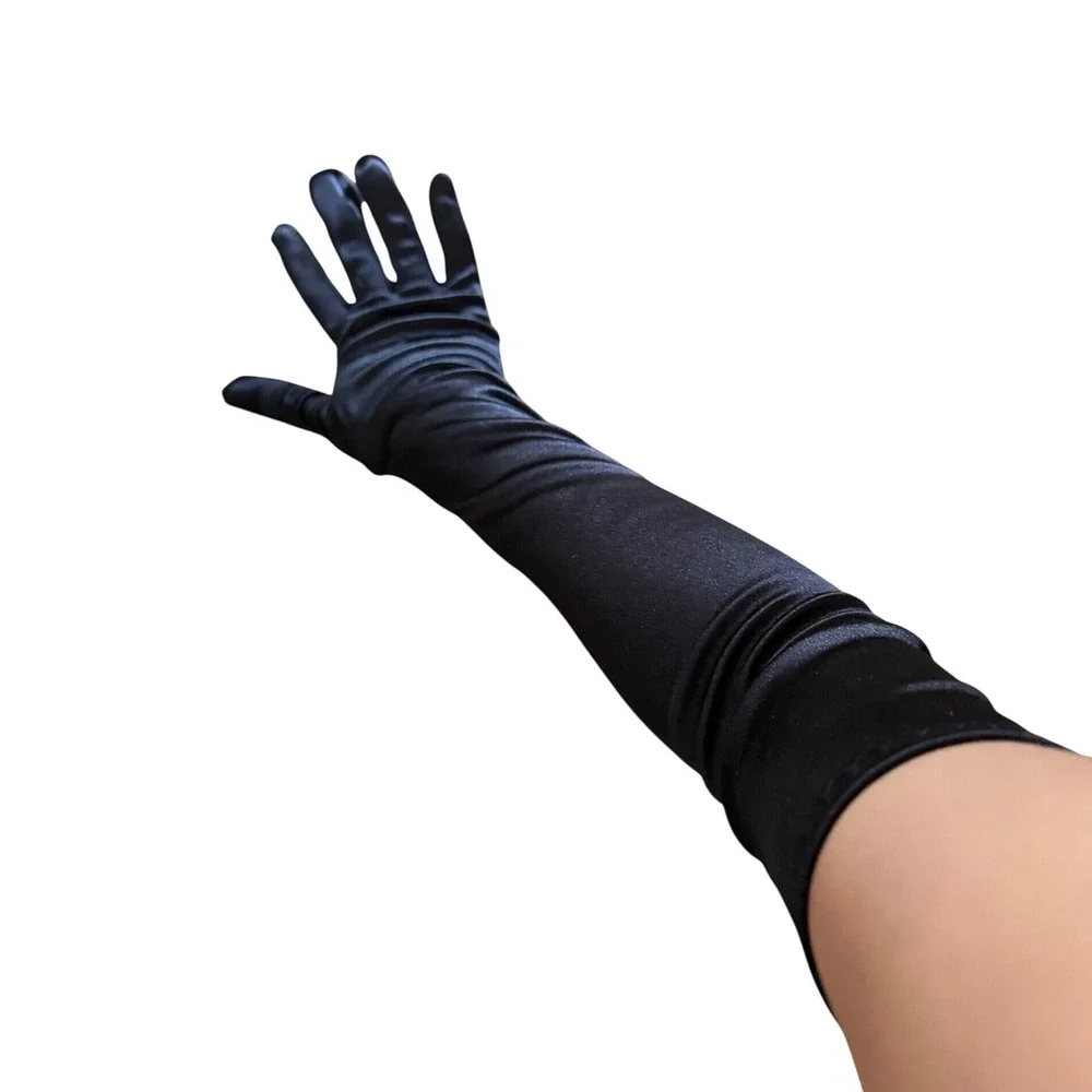 Vintage Style Black Satin Opera Length Evening Gloves Over Elbow Formal 21 Inch